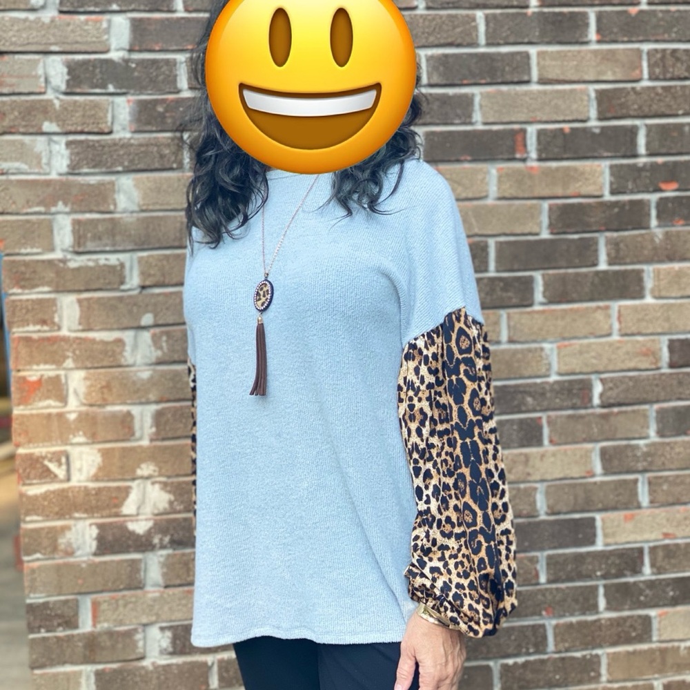Leopard Sleeve Women's Top - Gray and Brown Size S - Boutique Brand